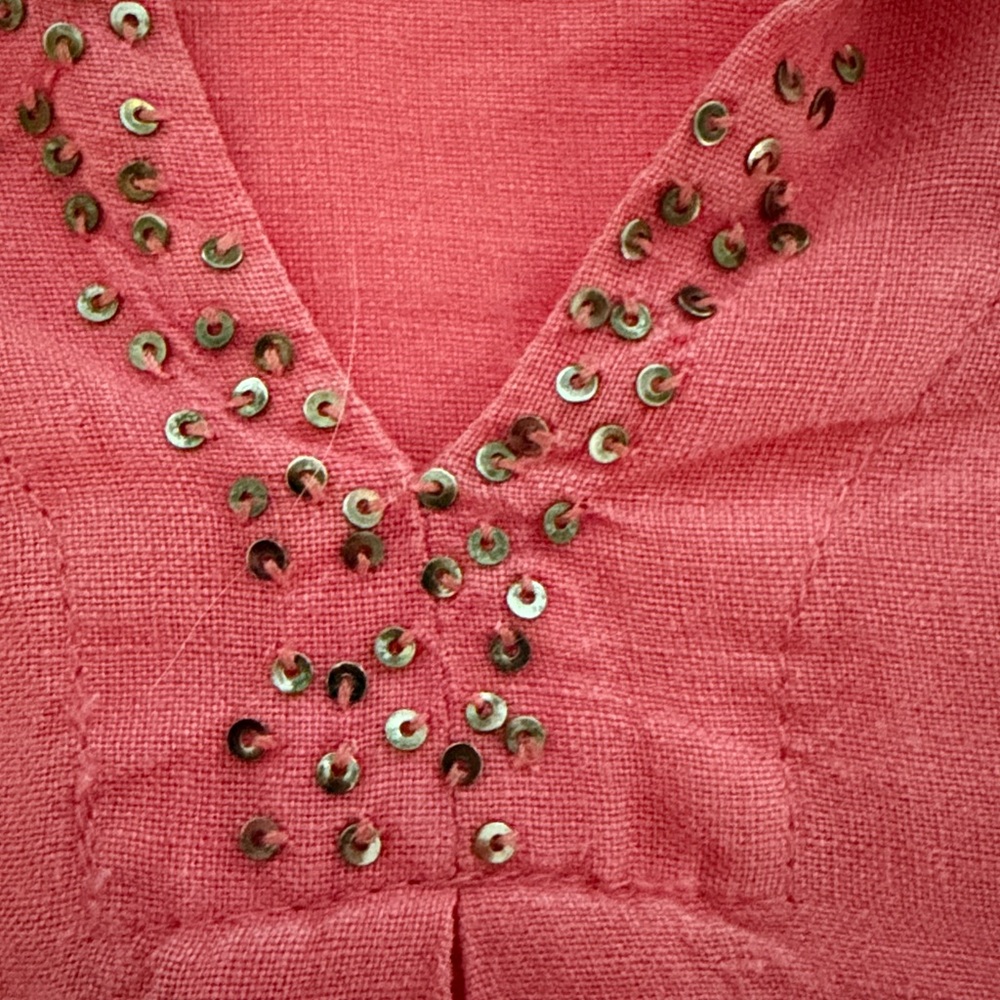 Eileen Fisher Pink Coral V-Neck Linen Top with Sequin Collar - Picture 8 of 9